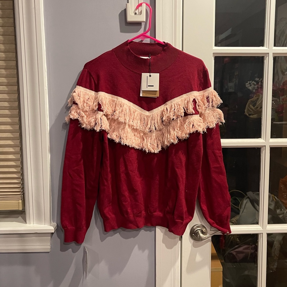 Red fringe mock neck knit sweater
